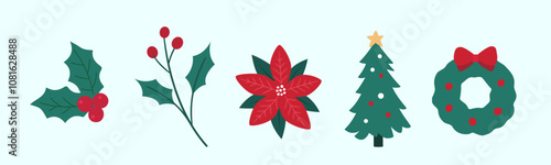 Set of different Christmas plants illustration in flat style.
Winter Christmas plants illustrations set. 
Christmas botanical design elements. 