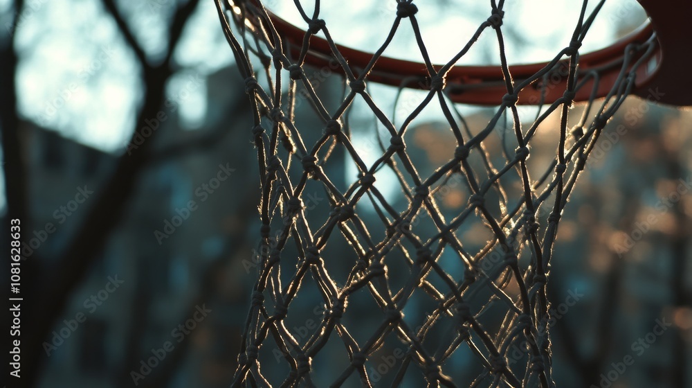 A basketball hoop's net texture, outdoor setting with dramatic evening light, Urban style A basketball hoop's net texture, outdoor setting with dramatic evening light, Urban style