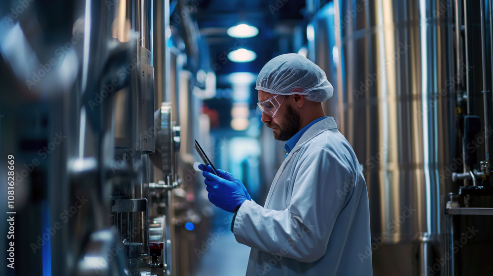Worker in a white coat using a tablet for digital process control in an industrial facility Worker in a white coat using a tablet for digital process control in an industrial facility