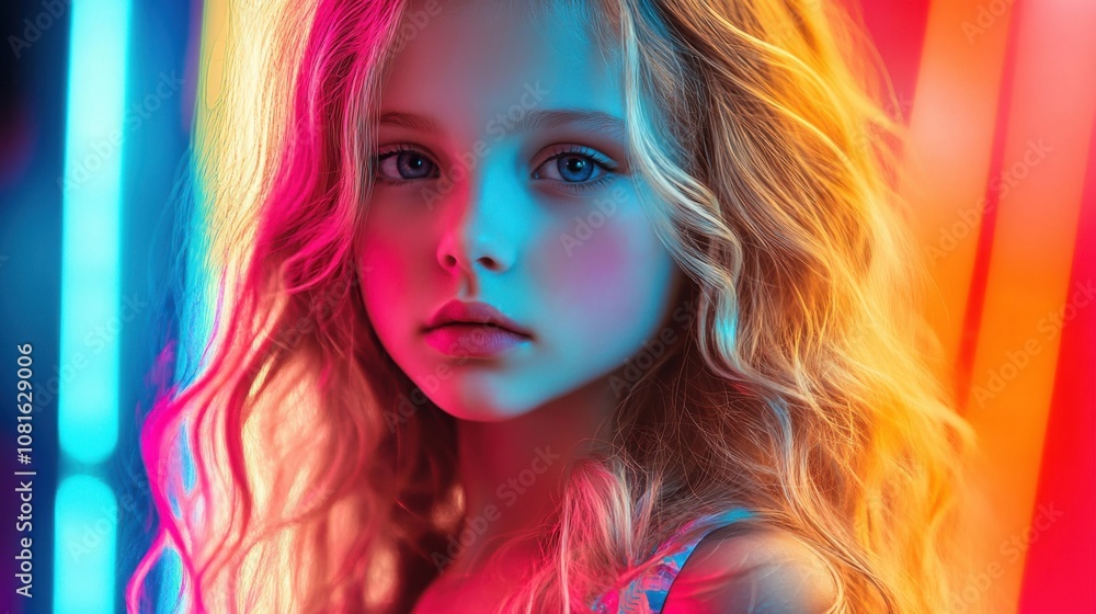 Fototapeta premium portrait of a young girl with long blonde hair and striking neon lighting