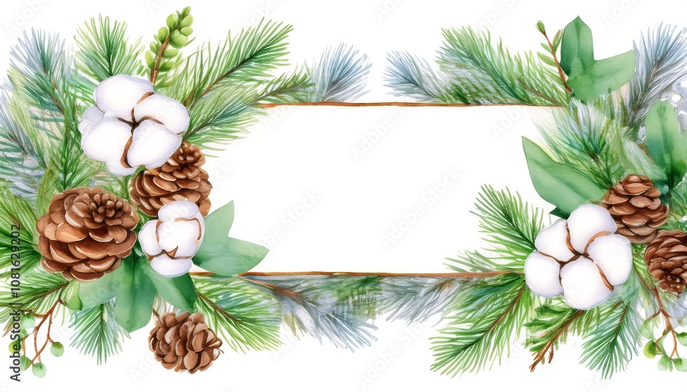 Watercolor holiday card framed by green fir branches and natural elements for festive celebrations. Generative AI Watercolor holiday card framed by green fir branches and natural elements for festive celebrations. Generative AI