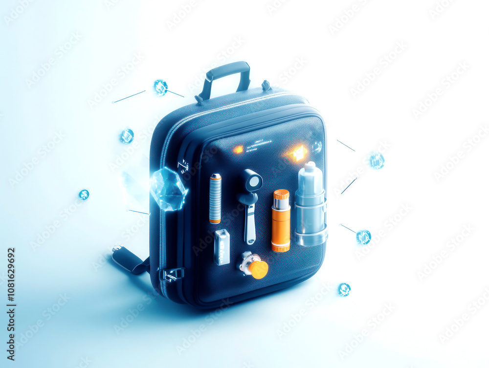 Naklejka premium A modern suitcase with travel essentials, ideal for adventurers.