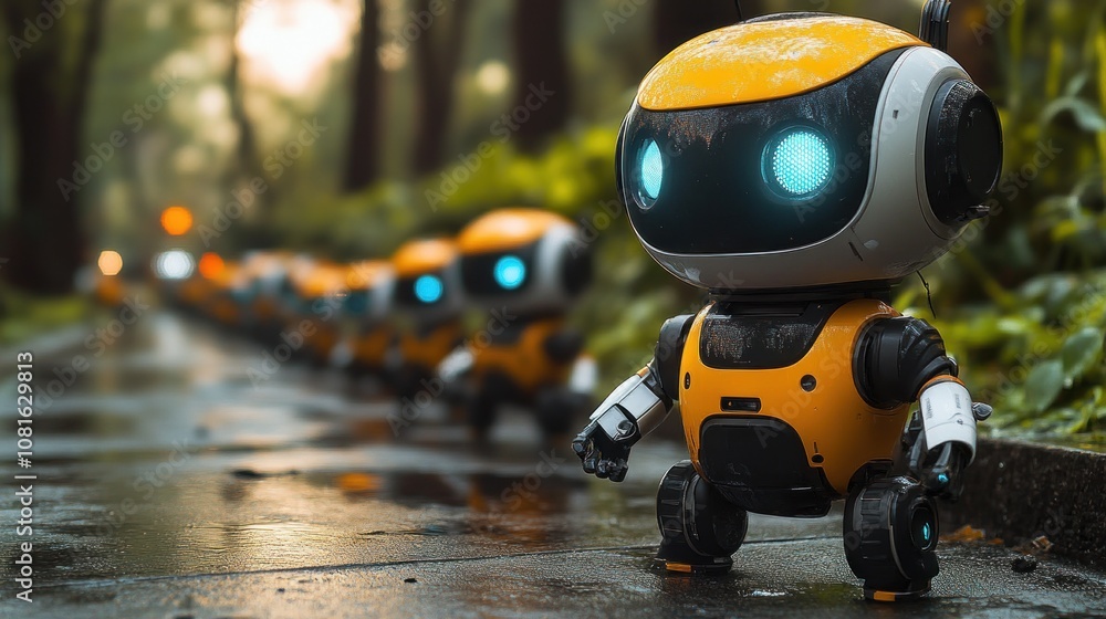 Small robots with glowing eyes on a wet path in a forest setting. Small robots with glowing eyes on a wet path in a forest setting.