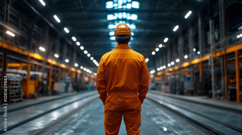 A lone worker in an industrial setting stands facing the camera A lone worker in an industrial setting stands facing the camera