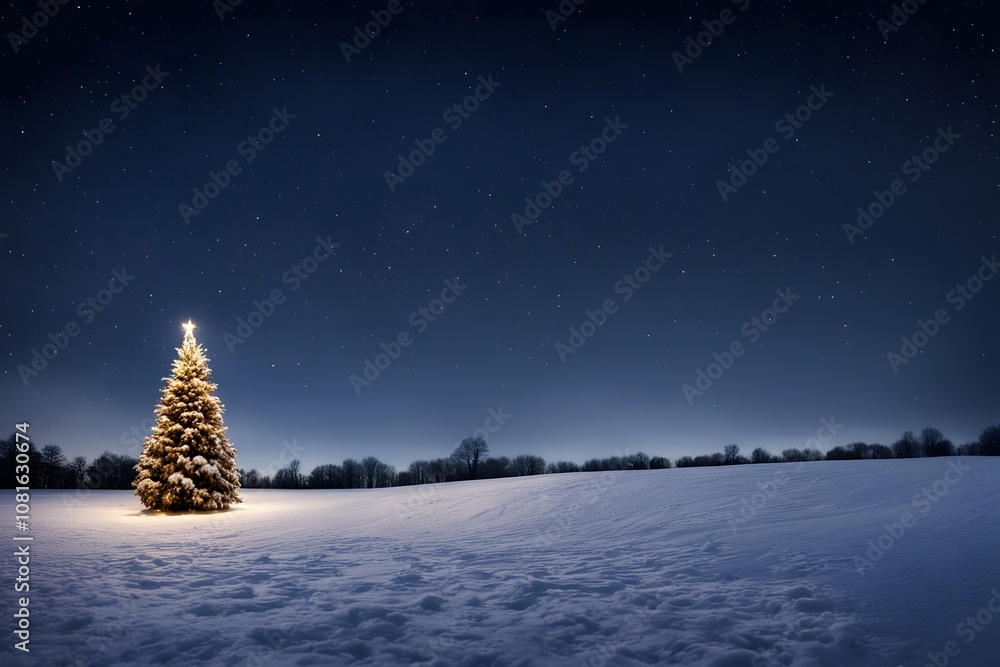 Naklejka premium A winter night scene with a snowy field and a glowing christmas tree in the distance plenty of sky, AI Generated
