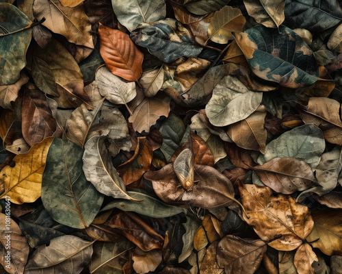 A closeup of a leaf litter on the forest floor, with a masterfully camouflaged insect hidden amongst the decaying leaves, barely distinguishable photo