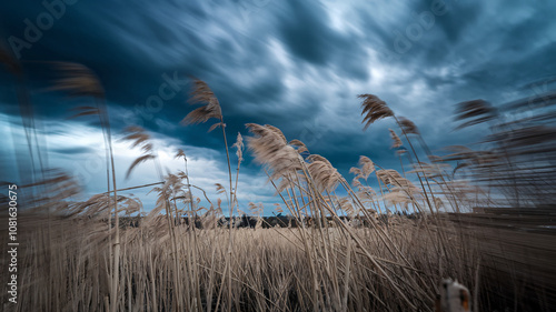 Dramatic Long-Exposure of Reeds in Wind Under Stormy Skies