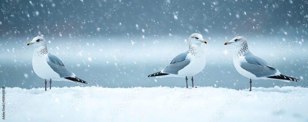 Obraz premium Winter storm blizzard intensity, Three seagulls stand on a snowy landscape, surrounded by falling snowflakes, creating a serene winter scene.