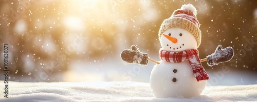 Cute snowman with stick arms using winter gloves and hat. Christmas winter background with snow and blurred bokeh light. Copy space for text