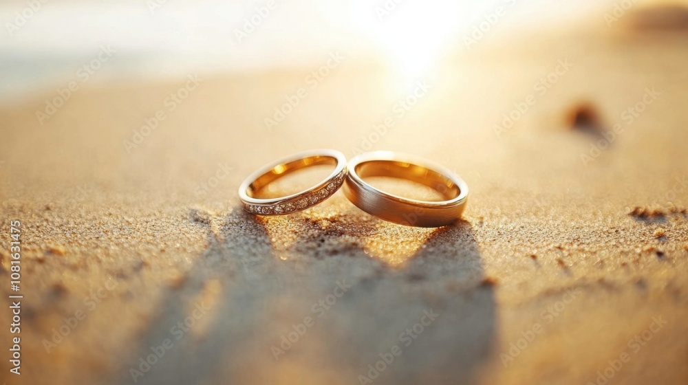 Golden wedding rings resting gently on a sunlit sandy beach, symbolizing eternal love Golden wedding rings resting gently on a sunlit sandy beach, symbolizing eternal love