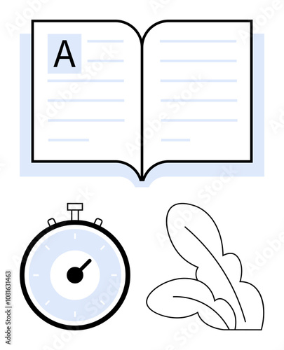 Open book with pages stopwatch and leaves. Ideal for education, learning, time management, nature, study planning, productivity, and growth themes. Line metaphor