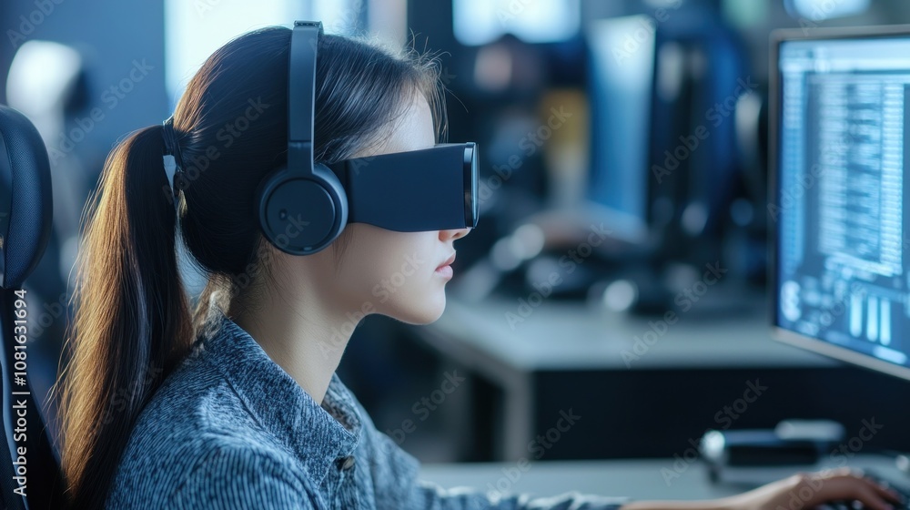 A young woman wearing VR goggles and headphones sits at her computer, immersed in a virtual world. A young woman wearing VR goggles and headphones sits at her computer, immersed in a virtual world.