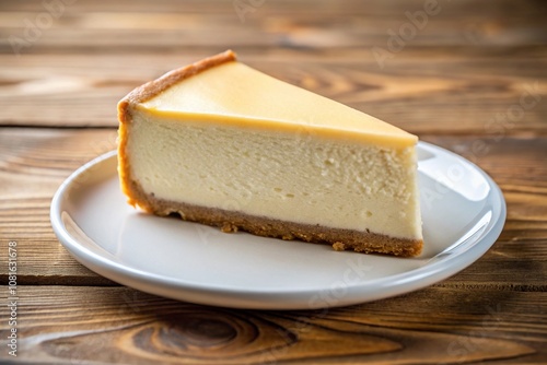 Close-up shot of a classic cheesecake on white plate on wooden table