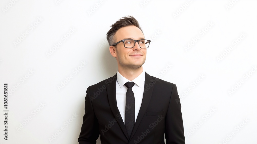 Happy confident young business man wearing suit and glasses isolated on white wall. Smiling professional businessman model looking away. Happy confident young business man wearing suit and glasses isolated on white wall. Smiling professional businessman model looking away.