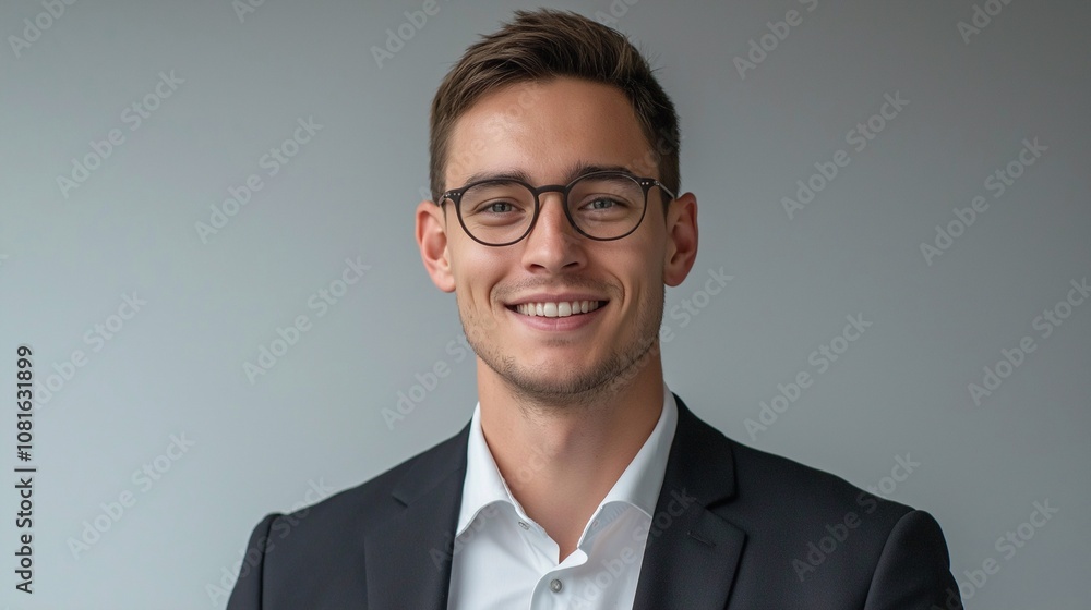 Happy confident young business man wearing suit and glasses isolated on white wall. Smiling professional businessman model looking at camera. Happy confident young business man wearing suit and glasses isolated on white wall. Smiling professional businessman model looking at camera.