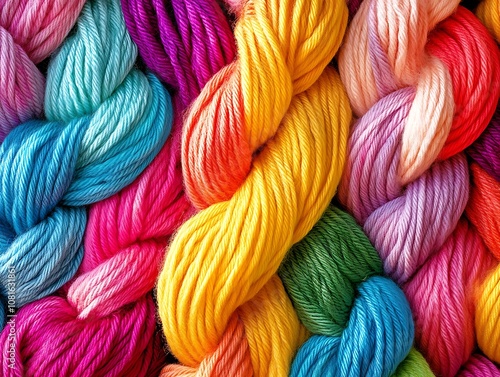 Close-up of colorful yarn strands twisted together.