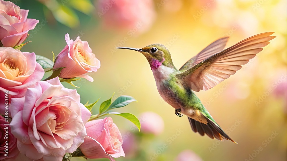 Hummingbird Near Pink Roses in Beautiful Garden Hummingbird Near Pink Roses in Beautiful Garden