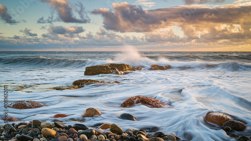 Dramatic Seascape with Waves Crashing on Rocky Shore at Sunset