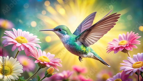 Hummingbird Fluttering Amid Vibrant Flowers