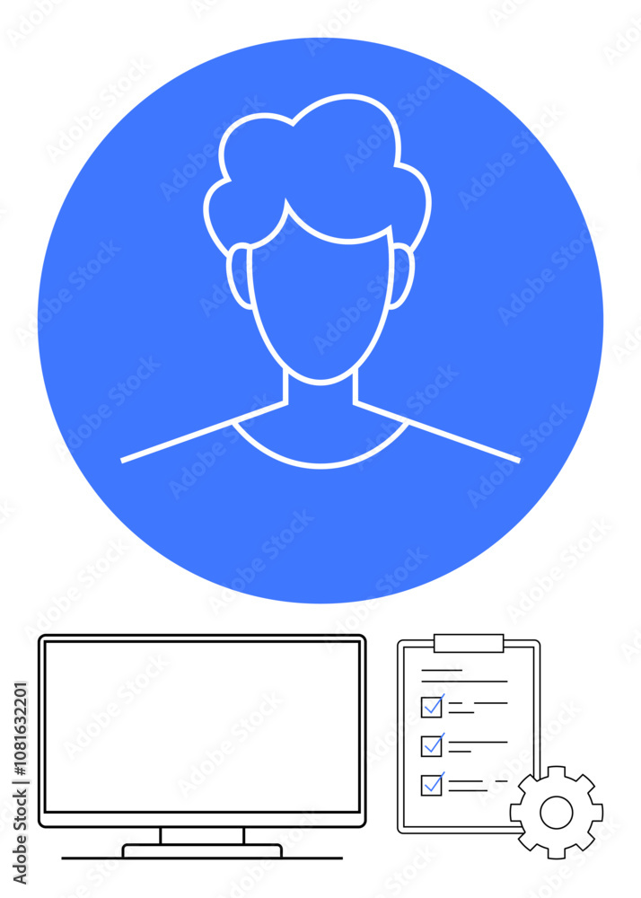 Stylized human profile inside blue circle with computer monitor, checklist, and gear below. Ideal for user profiles, account settings, productivity apps, project management, business strategy, online Stylized human profile inside blue circle with computer monitor, checklist, and gear below. Ideal for user profiles, account settings, productivity apps, project management, business strategy, online