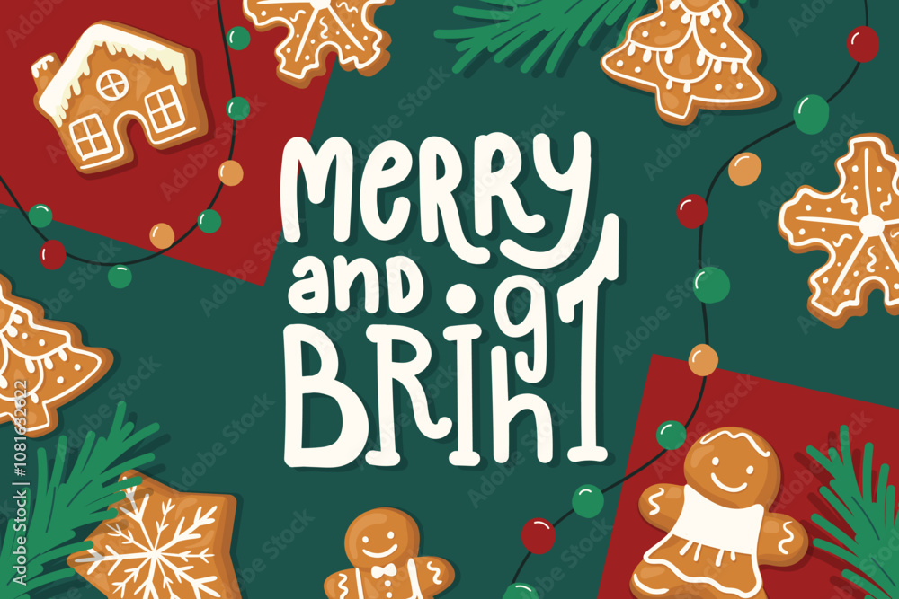 New Year background for text. Banner for print and website. Christmas gingerbread cookies, fir branches, and garlands.