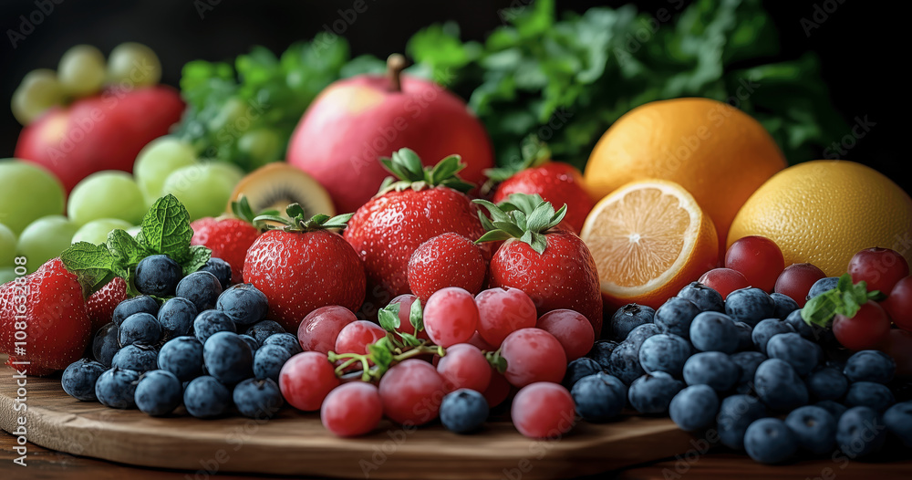 Fresh fruit display kitchen table food photography natural light close-up healthy eating concept Fresh fruit display kitchen table food photography natural light close-up healthy eating concept
