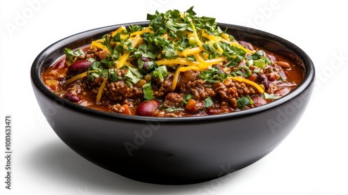 Delicious chili bowl topped with cheese and fresh herbs.