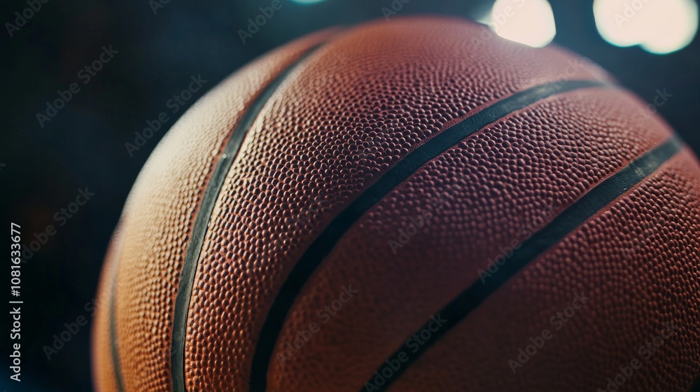 A basketball with a focus on the textured surface, indoor setting with gym lighting, Energetic style A basketball with a focus on the textured surface, indoor setting with gym lighting, Energetic style