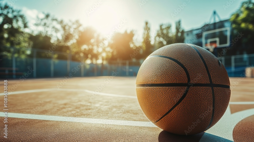 A basketball with textured panels, outdoor setting with urban backdrop, Urban style A basketball with textured panels, outdoor setting with urban backdrop, Urban style