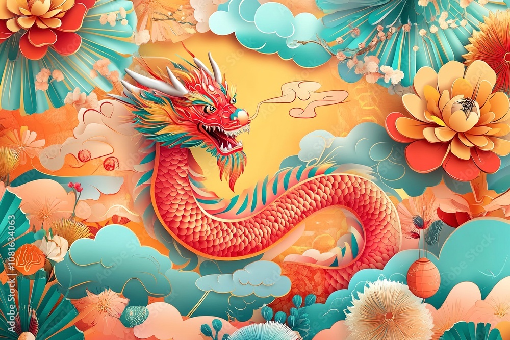 Chinese new year, year of the dragon banner template design with dragons, clouds and flowers background. Chinese new year, year of the dragon banner template design with dragons, clouds and flowers background.