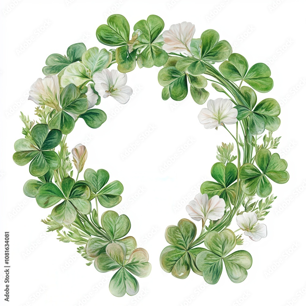 A vibrant wreath of green and white clovers decorated with delicate flowers on a white background A vibrant wreath of green and white clovers decorated with delicate flowers on a white background