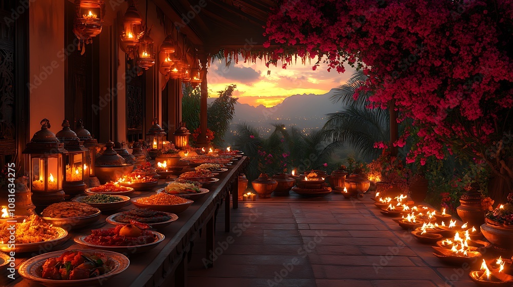 Obraz premium dining table with plates of food and glowing candles.
