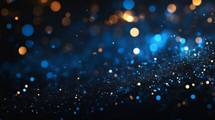 Elegant black background with classic blue bokeh lights creating a festive atmosphere for holiday celebrations, christmas, and new year themes in a horizontal layout