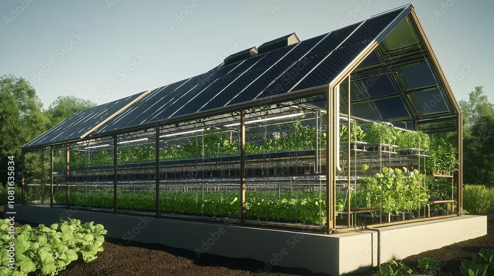 A high-tech greenhouse with solar panels on the roof powering an advanced hydroponic system. Inside, plants grow without soil, using a closed-loop water and nutrient recycling system, A high-tech greenhouse with solar panels on the roof powering an advanced hydroponic system. Inside, plants grow without soil, using a closed-loop water and nutrient recycling system,