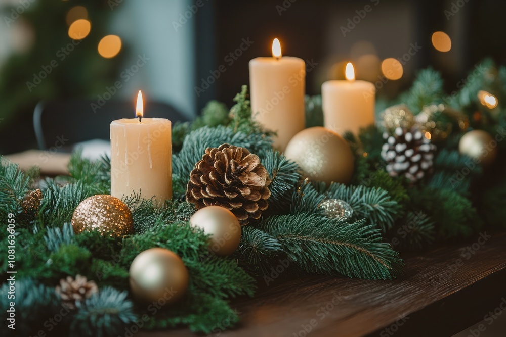 A festive table centerpiece with lit candles, pine branches, pine cones, and gold ornaments. A festive table centerpiece with lit candles, pine branches, pine cones, and gold ornaments.