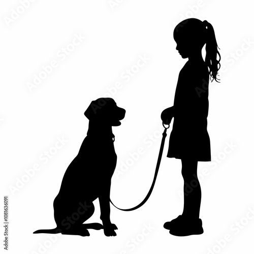 Silhouette of a girl with a small dog vector illustration on white background