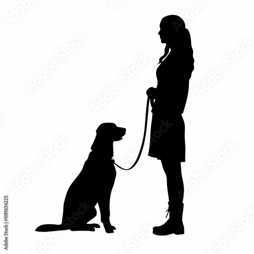 Silhouette of a girl with a small dog vector illustration on white background