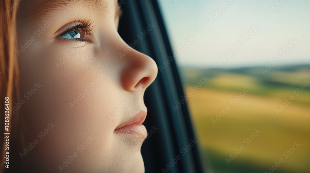 A close-up of a child's profile gazing thoughtfully out of a car window, capturing a moment of curiosity and wonder against a blurred landscape. A close-up of a child's profile gazing thoughtfully out of a car window, capturing a moment of curiosity and wonder against a blurred landscape.