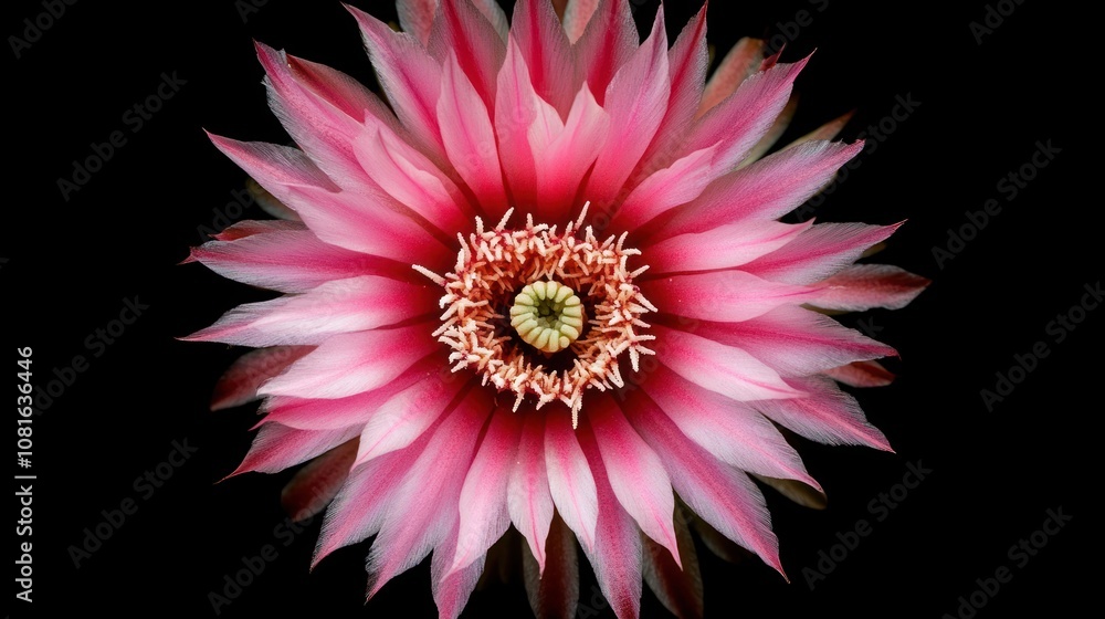 A close-up of a vibrant pink cactus flower in full bloom, isolated against a black background. A close-up of a vibrant pink cactus flower in full bloom, isolated against a black background.