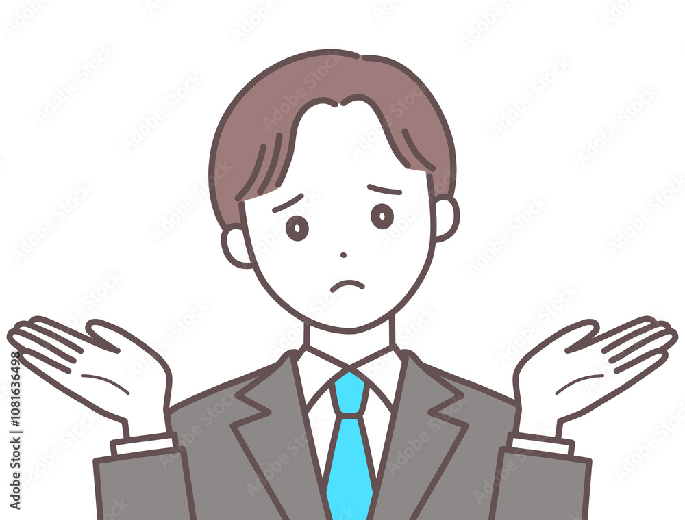 両手を広げて困った表情のスーツの男性 両手を広げて困った表情のスーツの男性