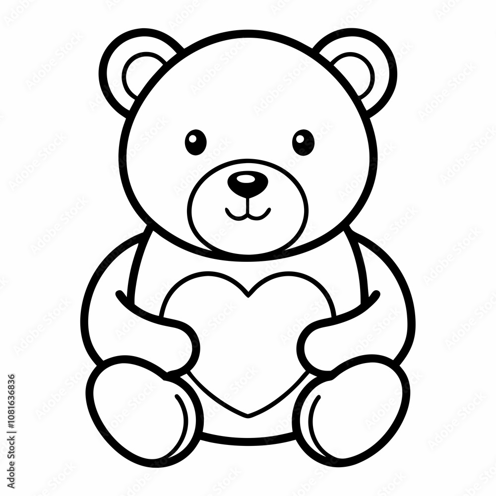 Teddy Bear Line Art Holding a Heart Outline with White Background Teddy Bear Line Art Holding a Heart Outline with White Background