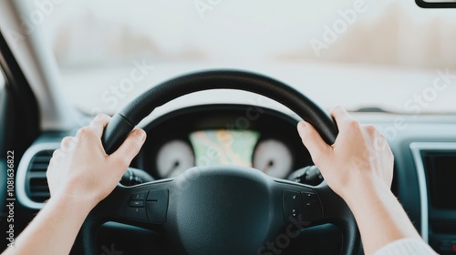 A person grips the steering wheel of a car, focusing on the road ahead, creating a sense of motion and adventure.