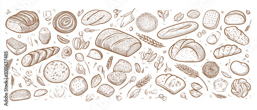 Wallpaper Mural Hand-drawn illustrations of various bread types and ingredients Torontodigital.ca