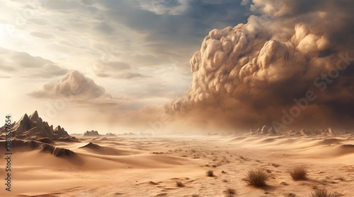 Desert landscape sandstorm sand morch dramatic cloudy sky.generative.ai photo