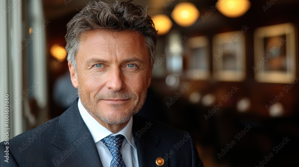 Fototapeta premium Confident Businessman with Stylish Attire in a Modern Interior Setting, Captured in a Professional Environment with Warm Lighting and Attention to Detail