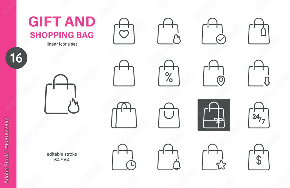 Gift and Shopping Bag Icon Set, Thin Line Editable Stroke Design Shopper Icons for Retail, E-commerce, and, Sales and Promotions, Online Shop, Web Buttons. Gift and Shopping Bag Icon Set, Thin Line Editable Stroke Design Shopper Icons for Retail, E-commerce, and, Sales and Promotions, Online Shop, Web Buttons.