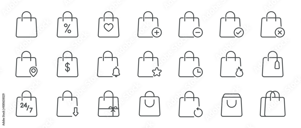 Shopping Bag Icon Set. Line Icons Representing Discounts, Favorites, Add, Remove, Location, Notifications, Price, Tags, and Features for E-commerce and Online Stores Shopping Bag Icon Set. Line Icons Representing Discounts, Favorites, Add, Remove, Location, Notifications, Price, Tags, and Features for E-commerce and Online Stores