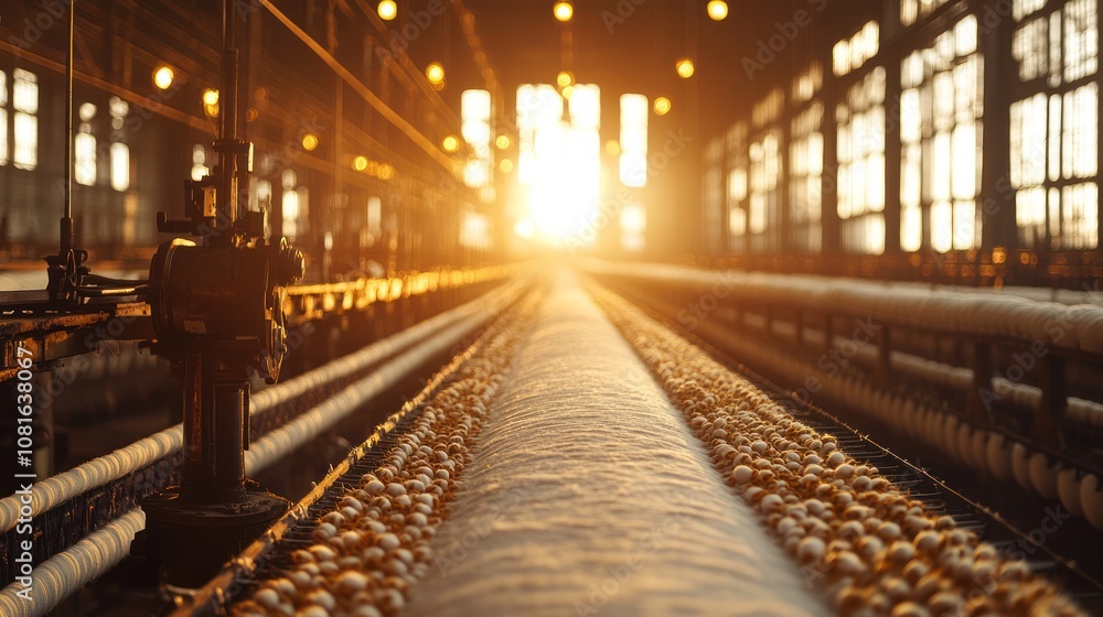 Fototapeta premium A long row of spinning machines in a textile factory with the sun shining through the windows.
