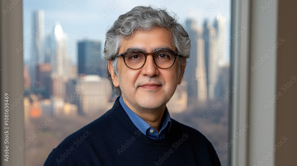 Fototapeta premium Professional South Asian Man with Glasses Posing Near a Window in an Urban Setting, Showcasing a Bright and Modern Office Background