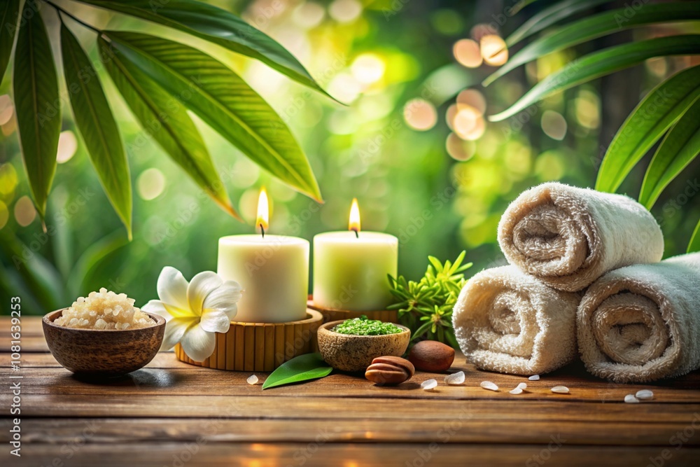 A table with candles, flowers, and towels A table with candles, flowers, and towels
